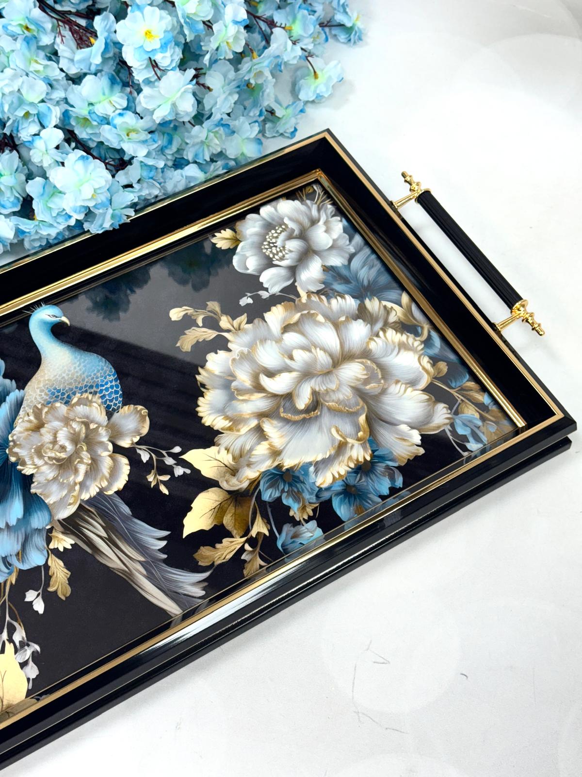 Dikdörtgen Lüx Tepsi Mavili Tavus Kuşlu 45/31 cm