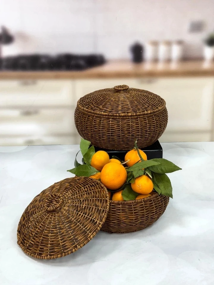 KOSAVA 2 Li Yuvarlak Kapaklı Rattan Sepet 24/30 cm