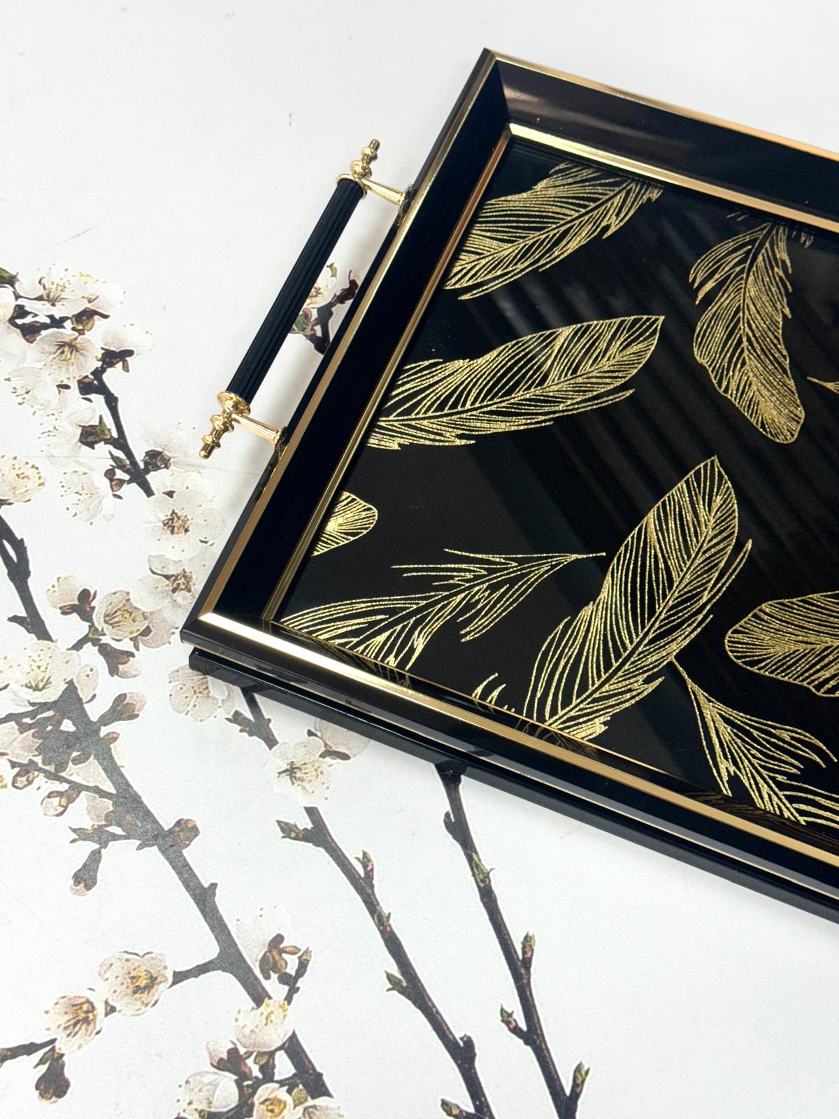 Dikdörtgen Lüx Tepsi Gold Yapraklı 45/31 Cm