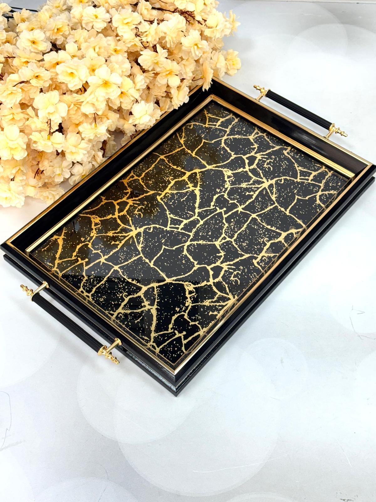 Dikdörtgen Lüx Tepsi Yoğun Gold Mermer Desen 45/31 Cm