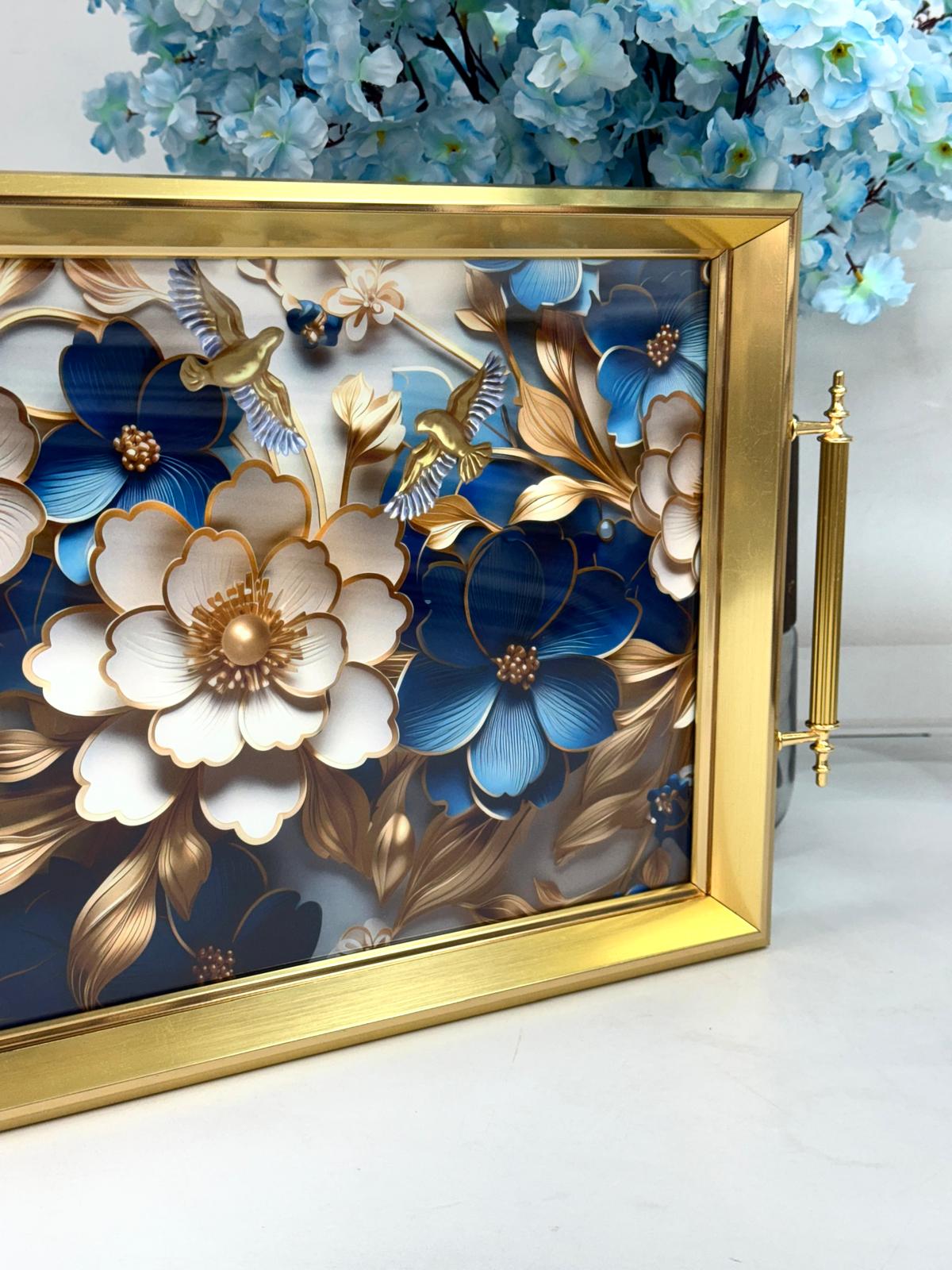 Dikdörtgen Lüx Tepsi Mavi-Beyaz Güllü 45/31 Cm