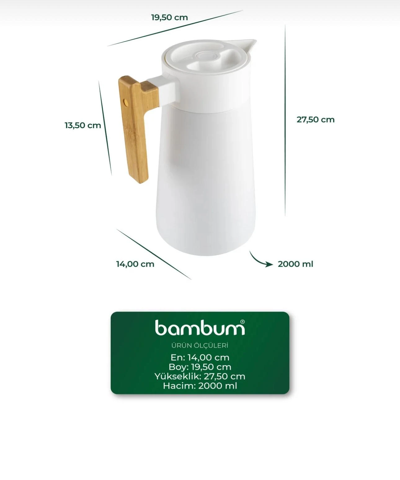 NORTH BAMBU SAPLI ÇELİK TERMOS 2 LİTRE-BEYAZ