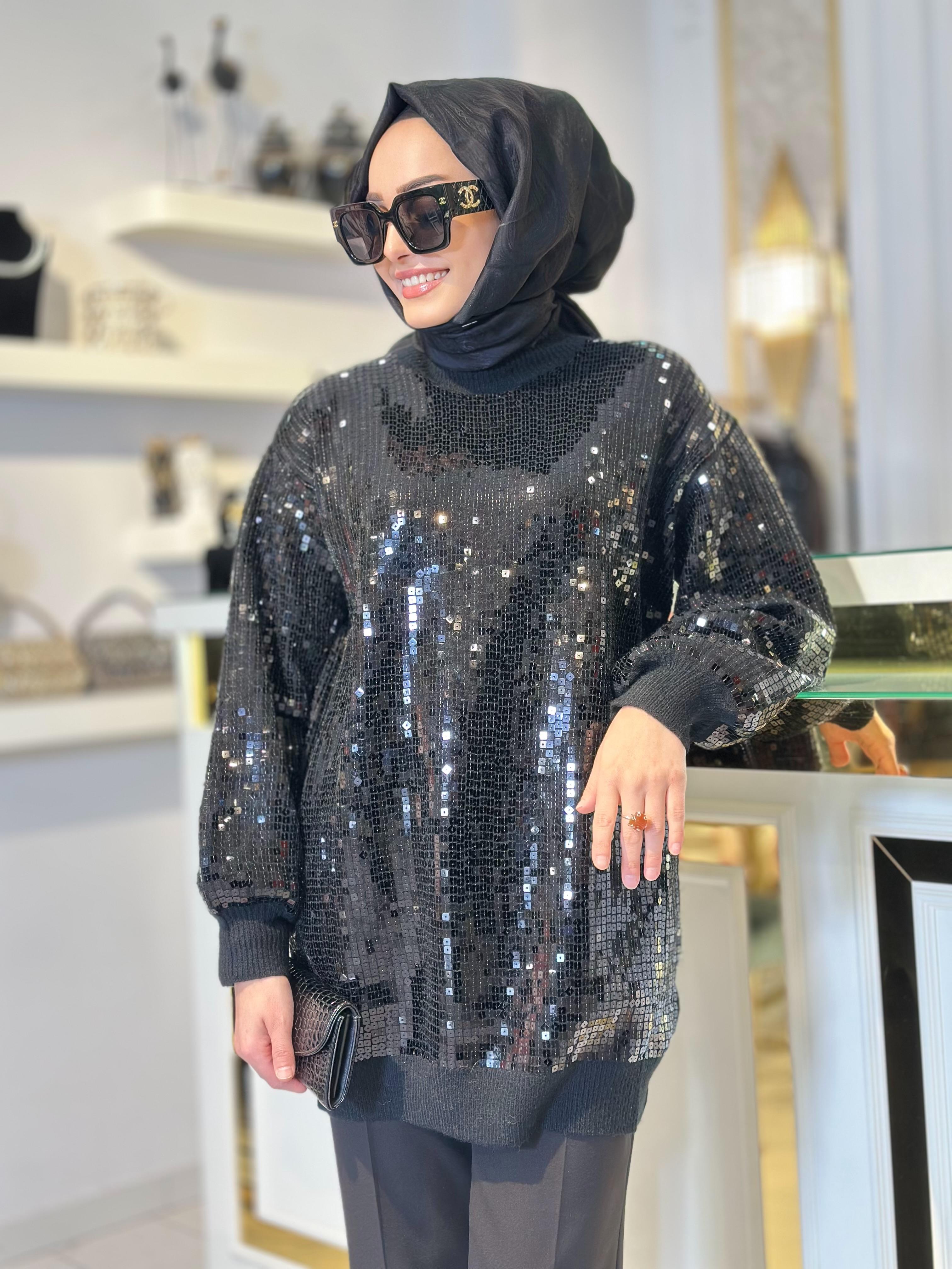 Payetli Yarım Balıkçı Triko Tunik-Tac 21775 - SİYAH