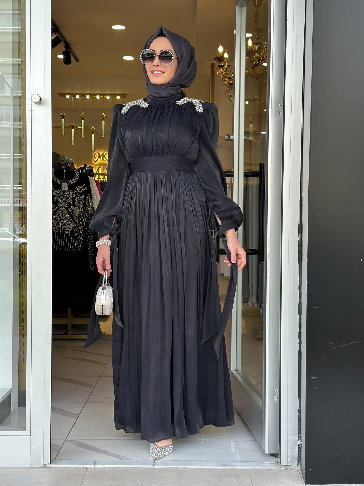 Omzu Taşlı Tül Abiye-Tac 17028 - SİYAH