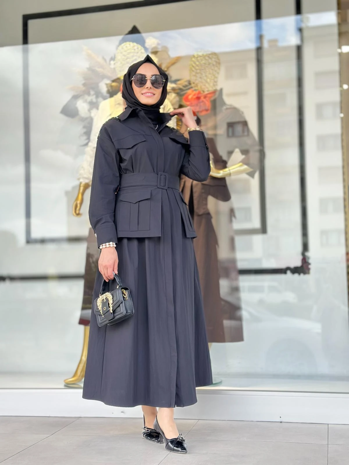 Omzu Taşlı Cepli Elbise-Tac 5606 - SİYAH