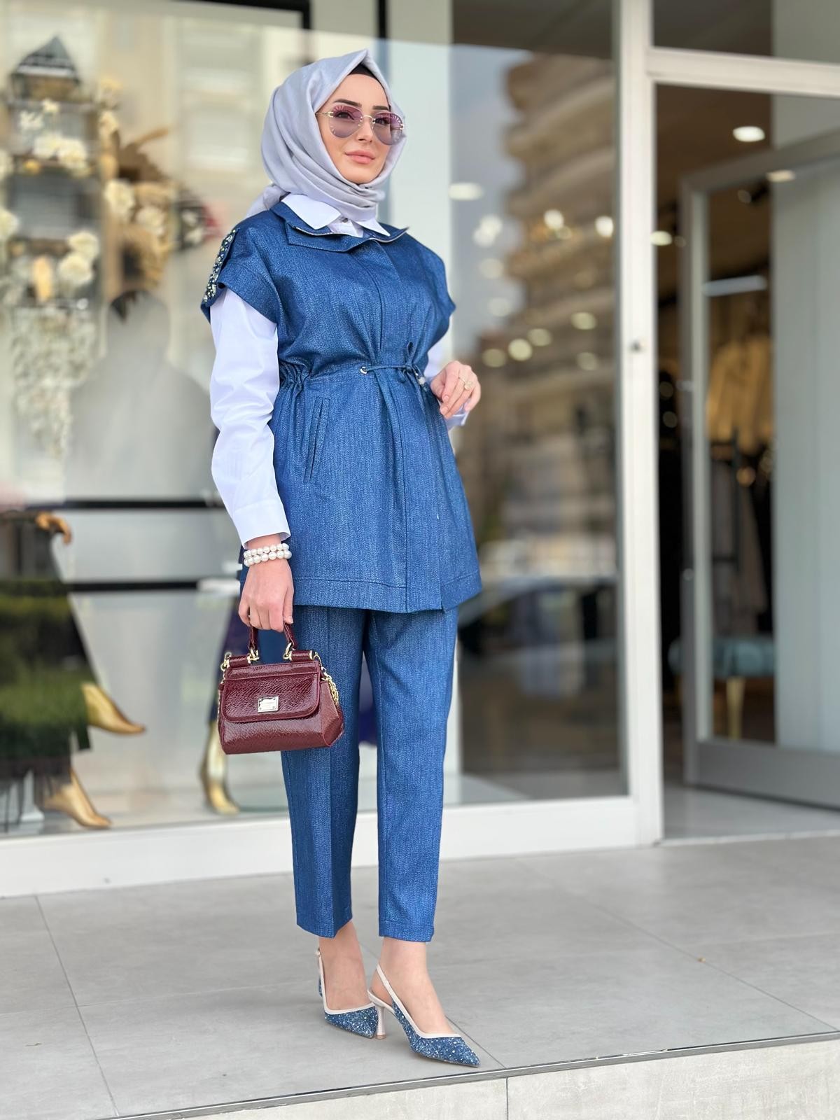 Simli Denim Yelekli Takım-Tac 3013