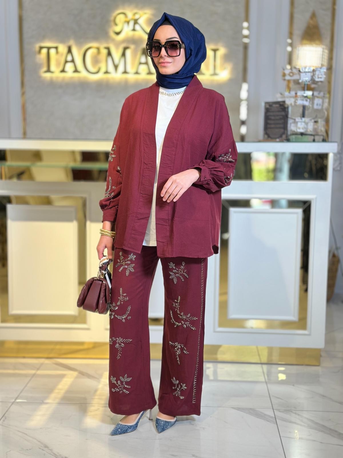 İşlemeli Kimono Takım-Tac 2021 - BORDO