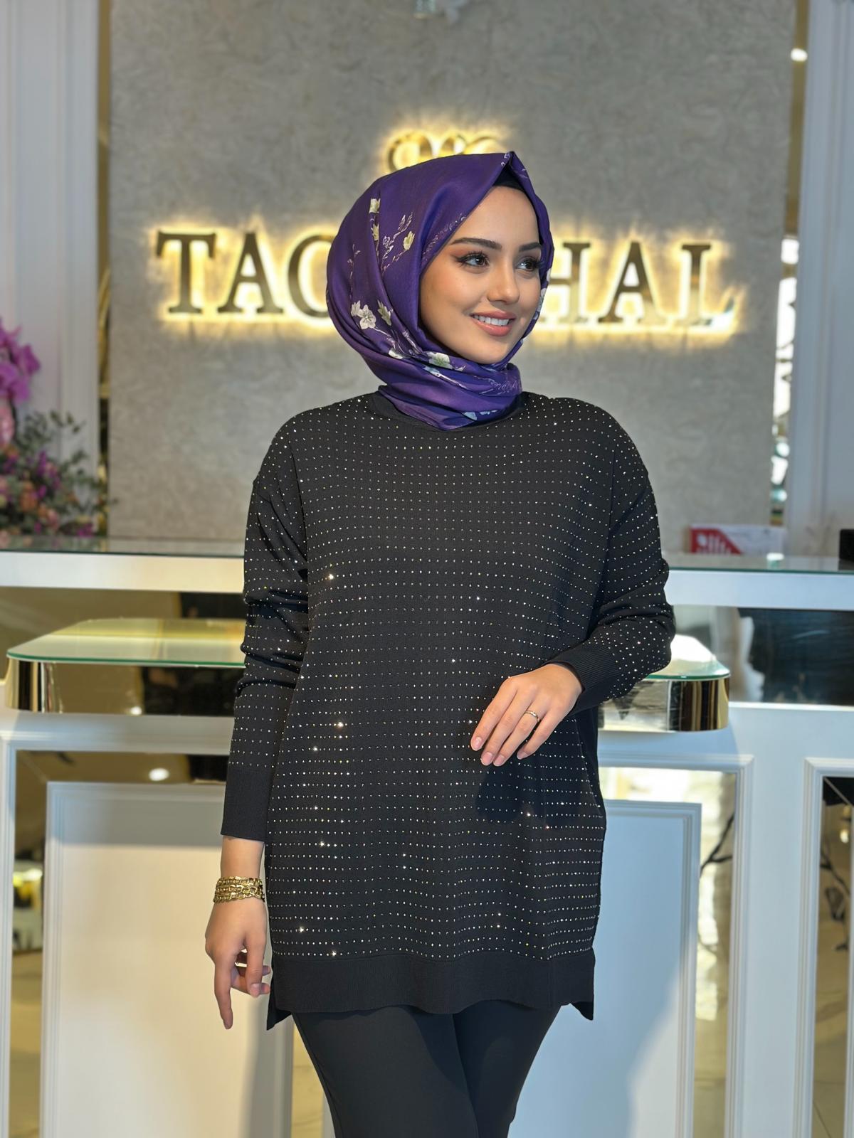 Taş Baskılı Rayon Tunik-Tac 21717 - SİYAH