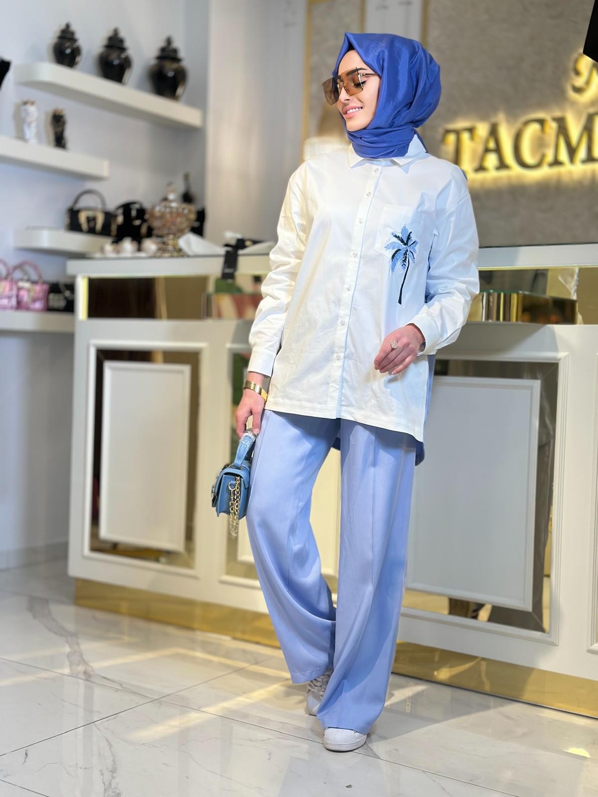 Palmiye Nakışlı Kombinli Takım-Tac 3025 - MAVİ