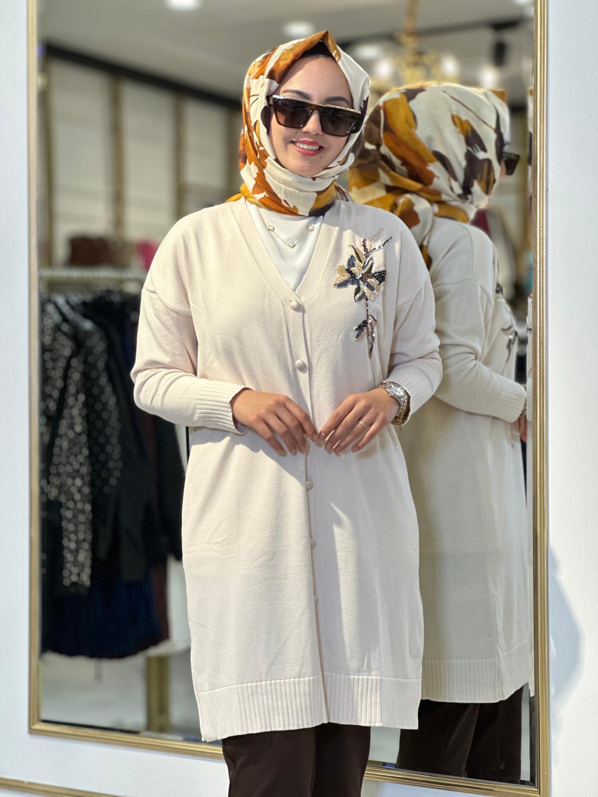 Çiçek Nakışlı Hırka-Tac 140327 - KREM