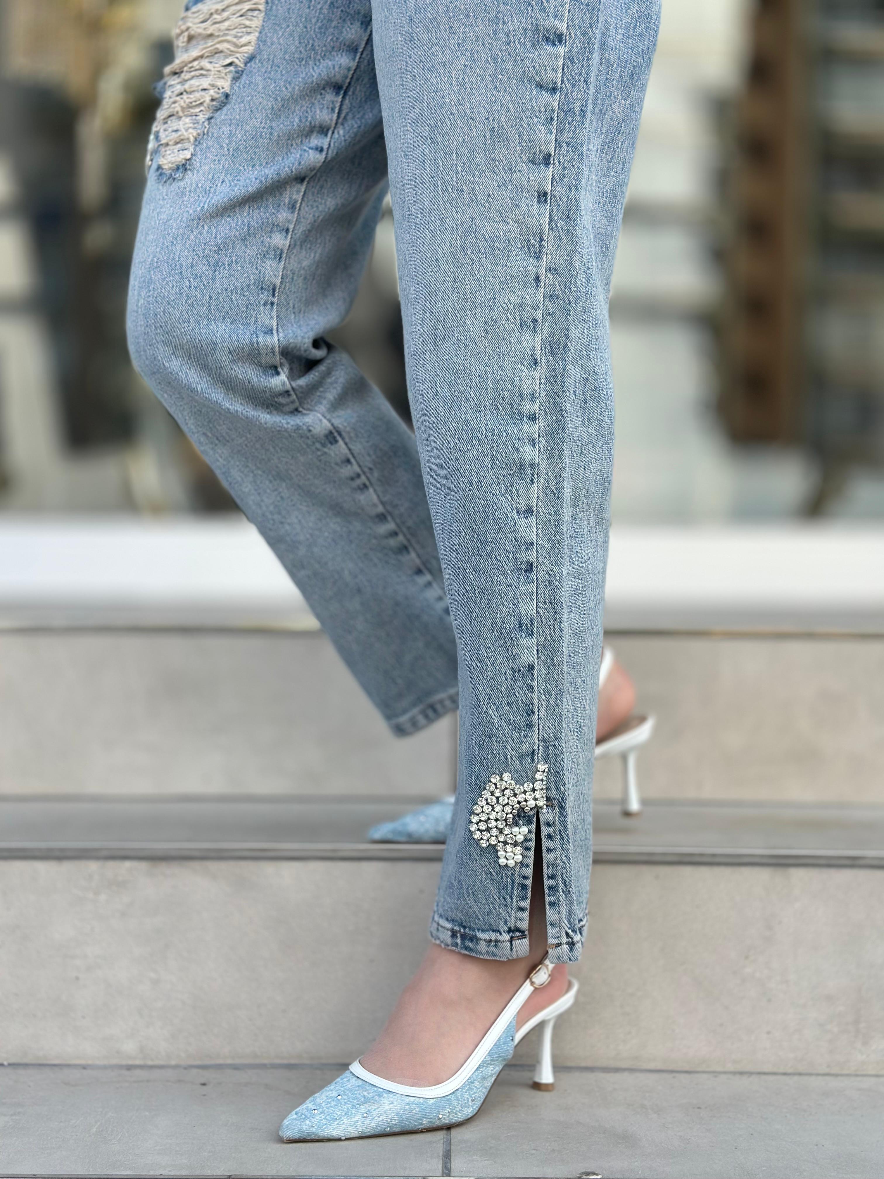 Taşlı Jean Pantolon-Tac 2604 - MAVİ