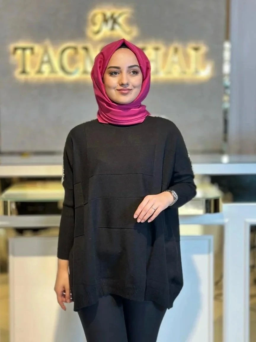 Taşlı Yarasa Kollu Triko Tunik-Tac 21737 - SİYAH