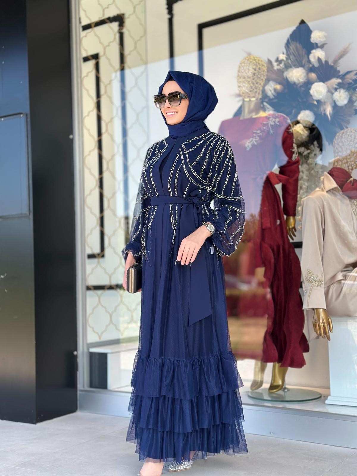 Taşlı Tül Çakım Abaya-Tac 6184