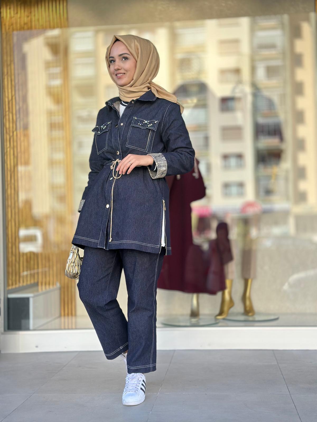 Bel Büzgülü Üçlü Kot Takım-Tac 8901