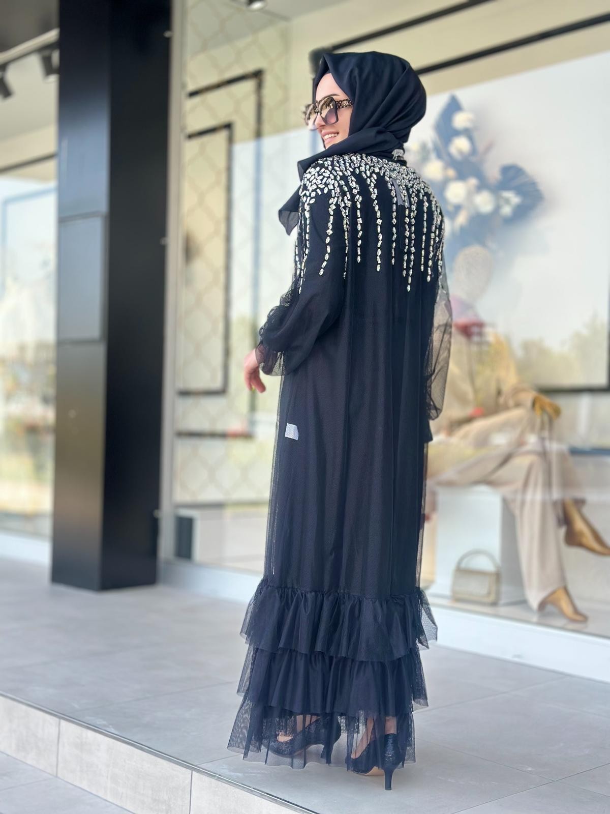 Yaka Ve Kol Uçları Taşlı Abaya-Tac 6178