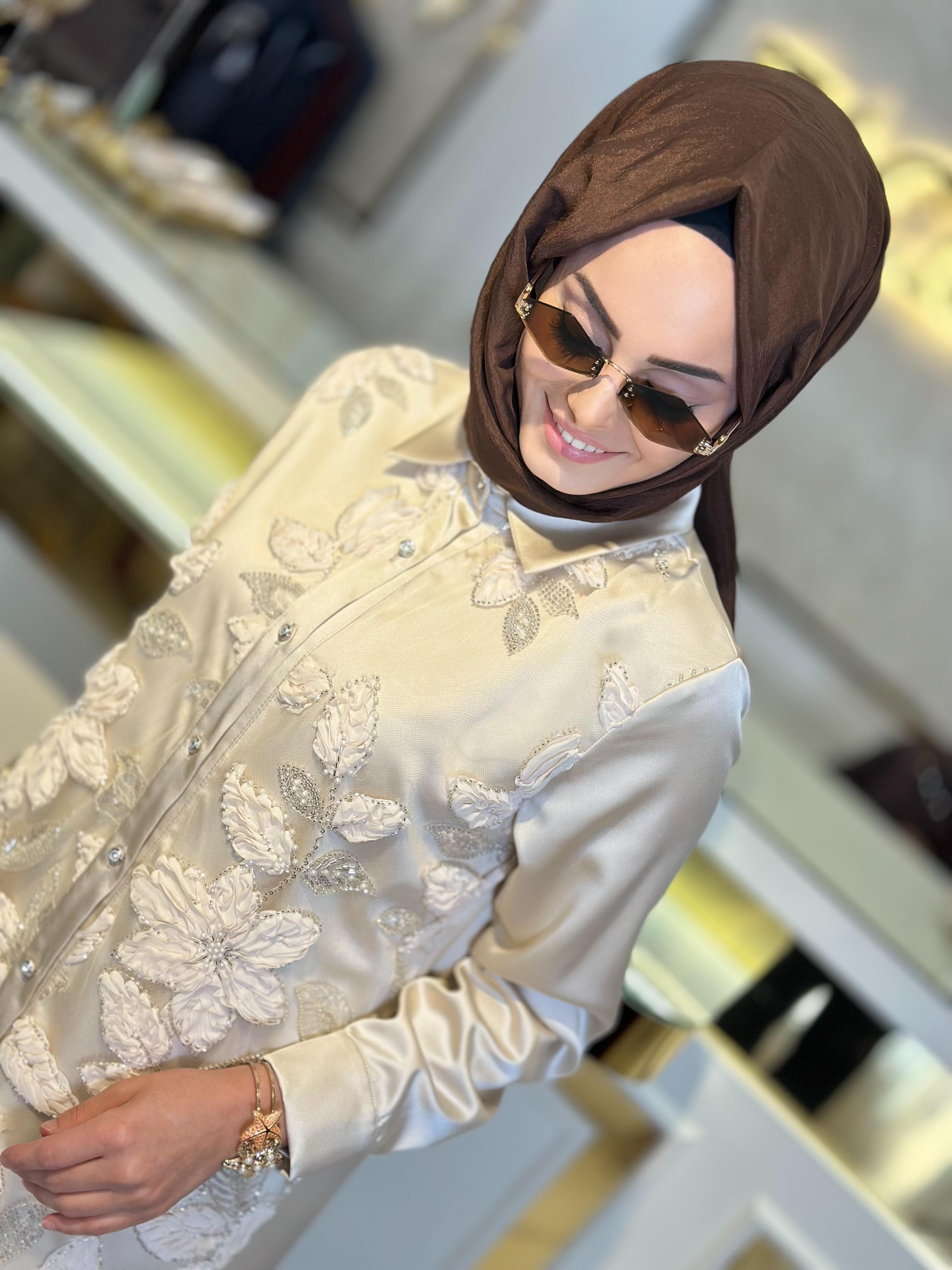 Tül Kabartmalı Taşlı Tunik-Tac 3209