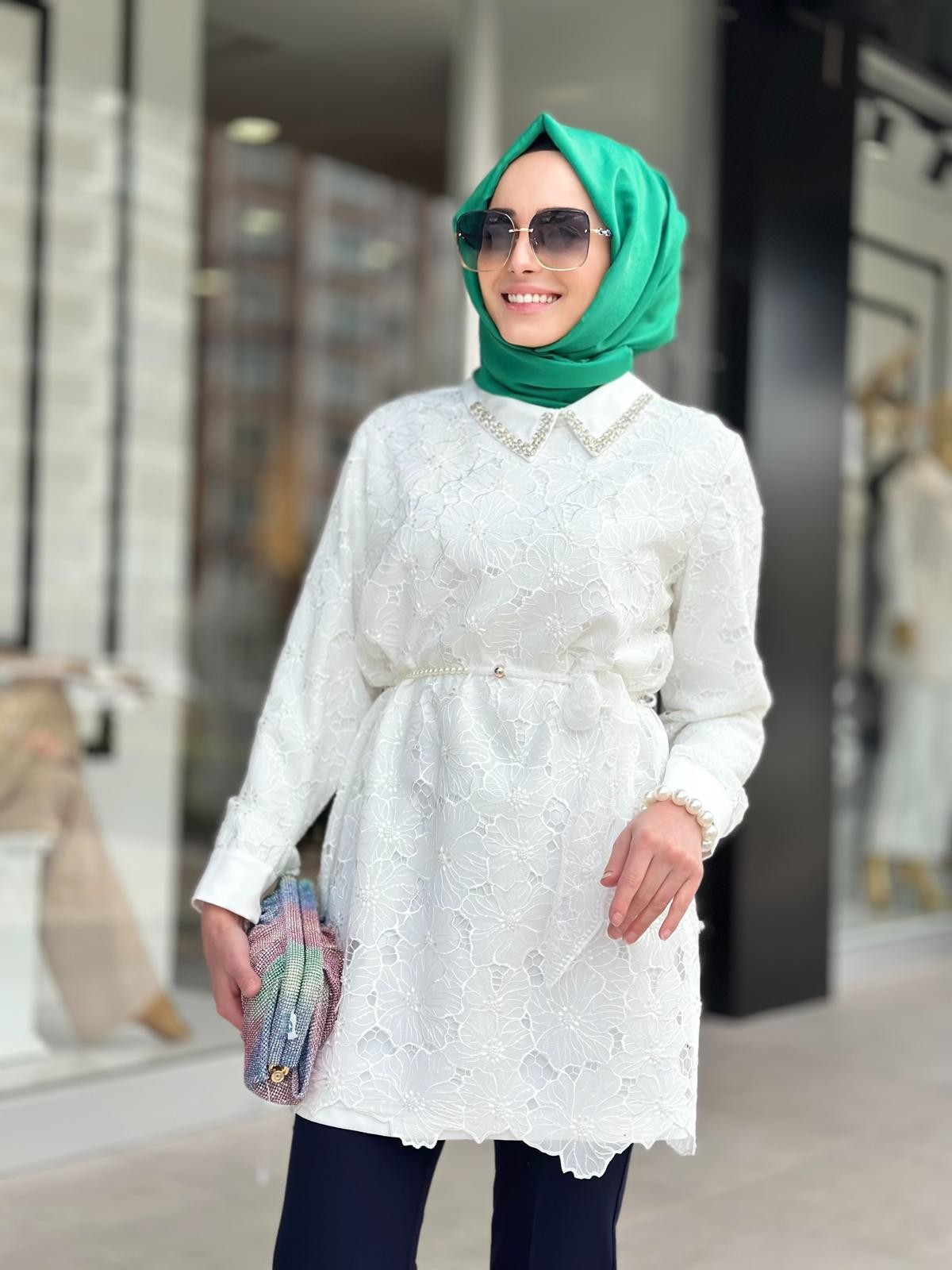 Tül Kemerli Tunik-Tac 4191 - Beyaz