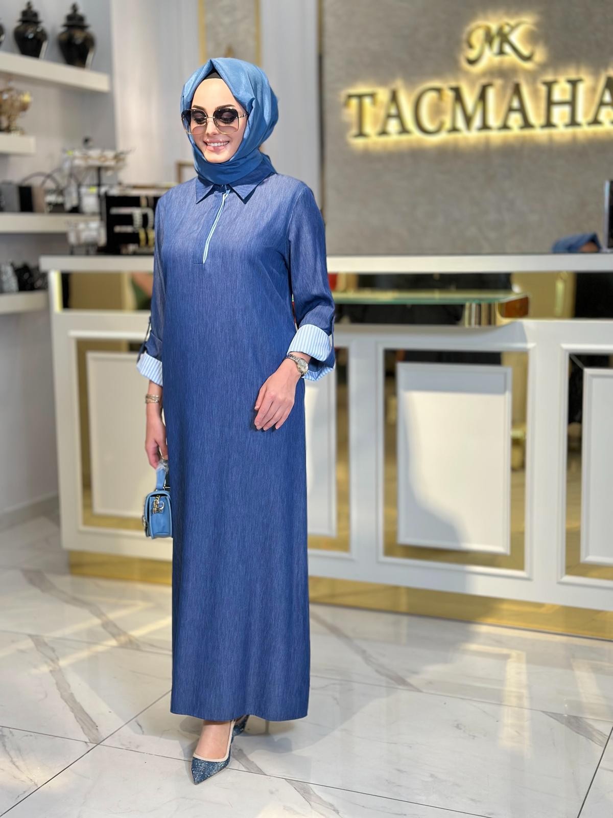Çizgili Poplin Denim Elbise-Tac 2086