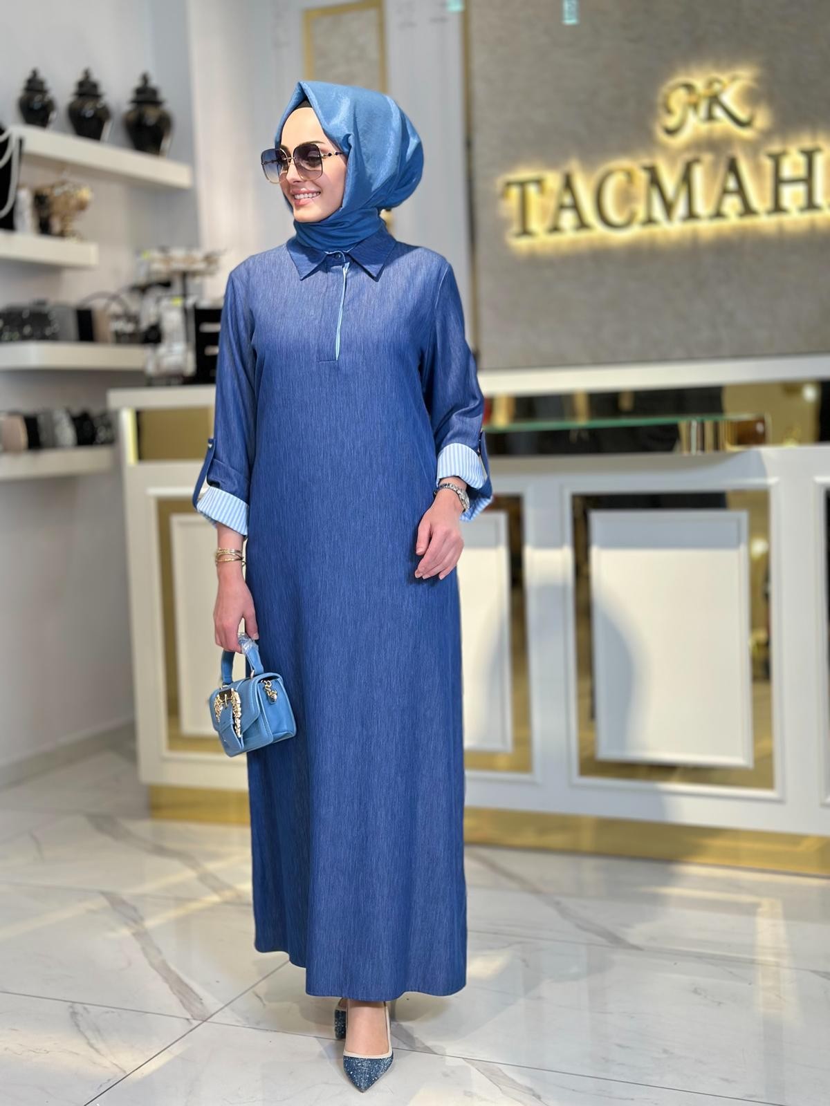 Çizgili Poplin Denim Elbise-Tac 2086 - İNDİGO