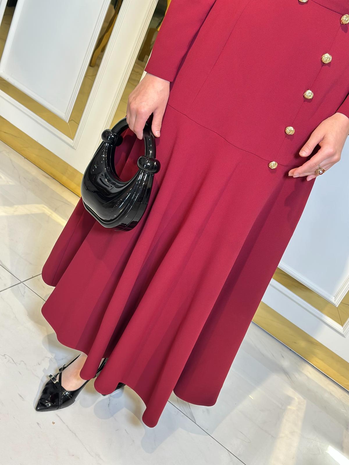 Gold Düğmeli Volan Elbise-Tac 4003