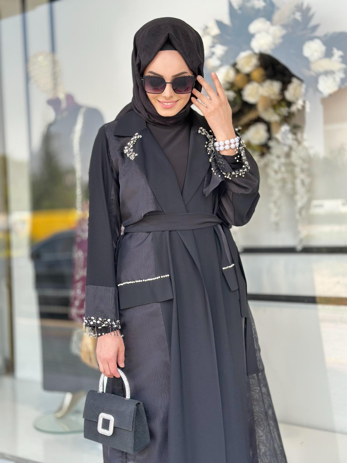 Yaka Ve Kol Taşlı Organze Ceket-Tac 6252