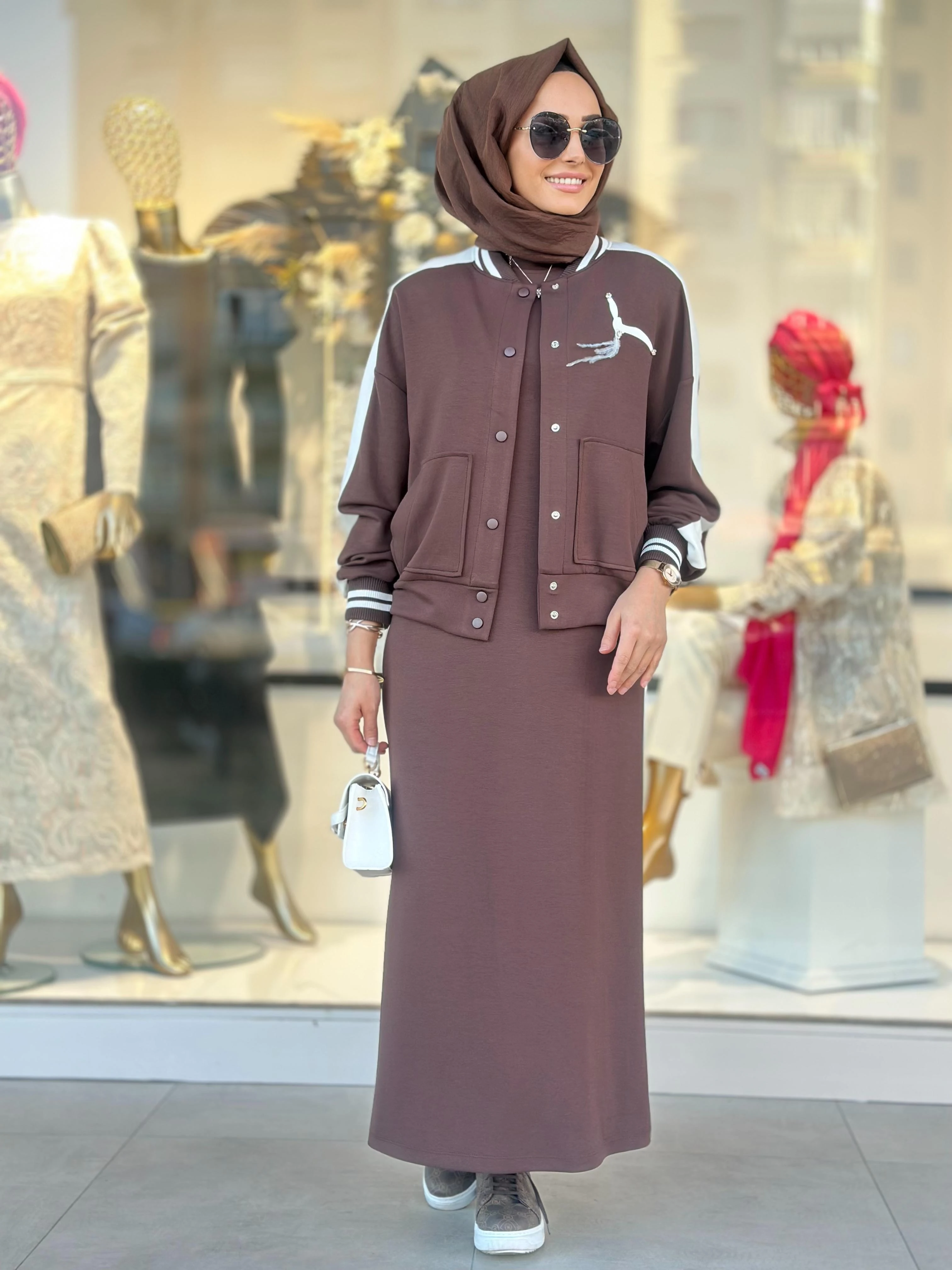 Cepli Tüylü Elbiseli Takım-Tac 1569 - KAHVERENGİ