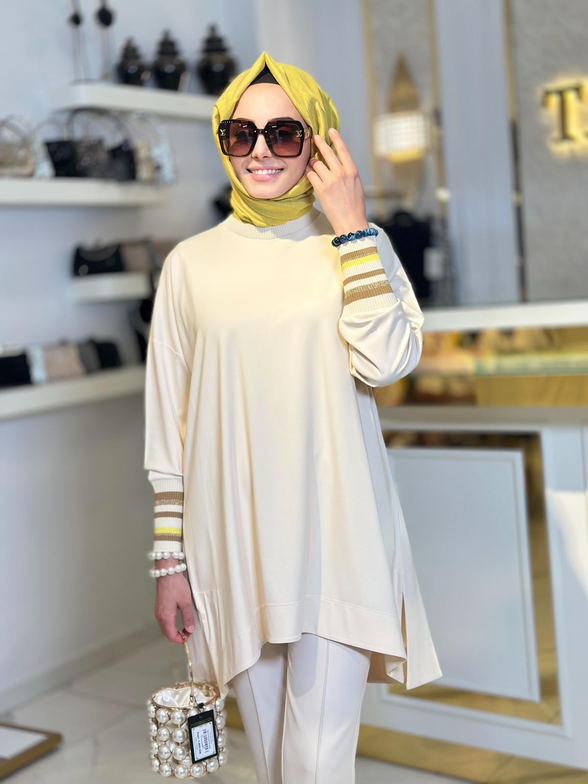 Manşetleri Çizgili Tunik-Tac 3067 - Beyaz