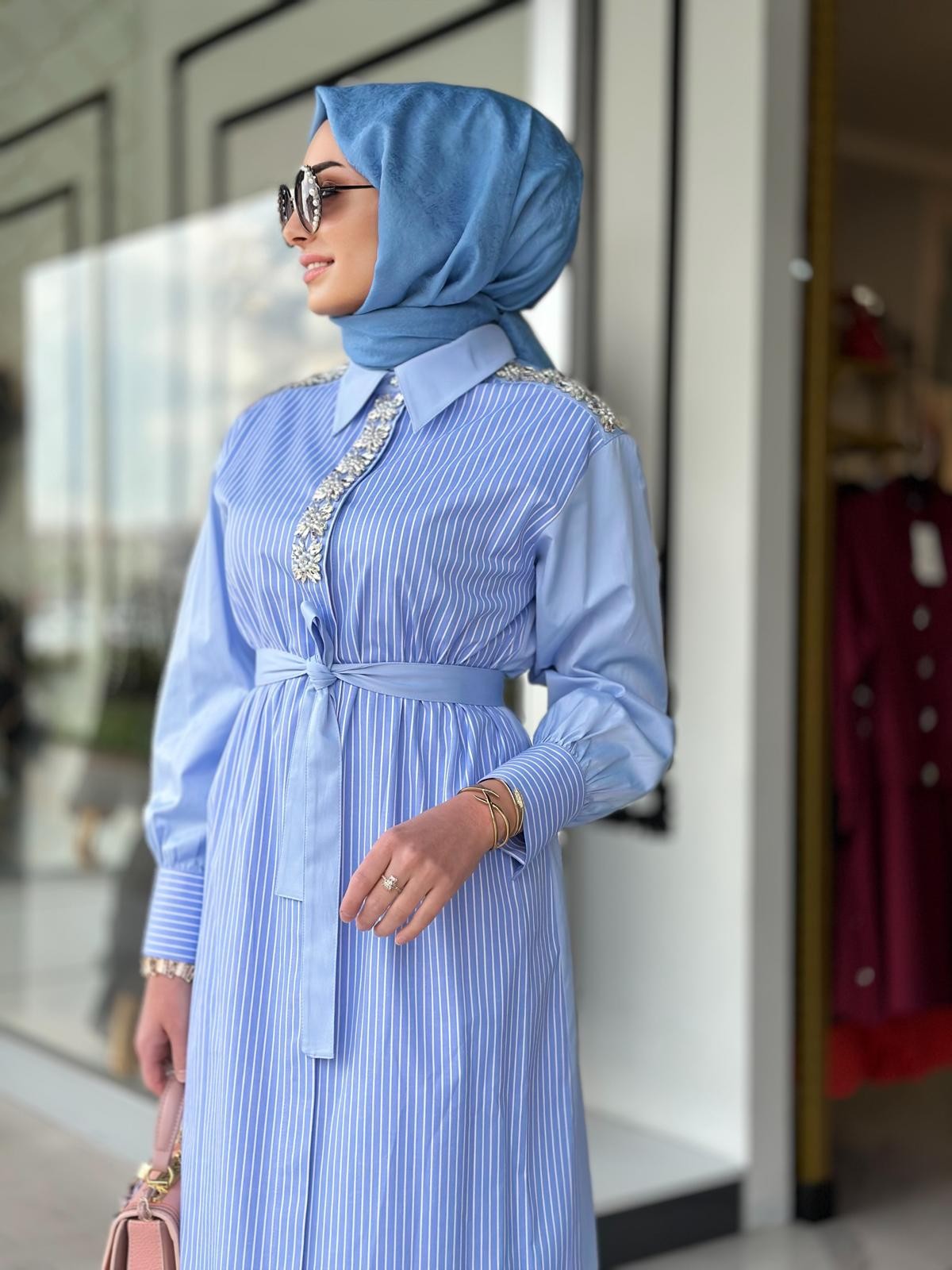 Çizgili Taşlı Elbise-Tac 5514