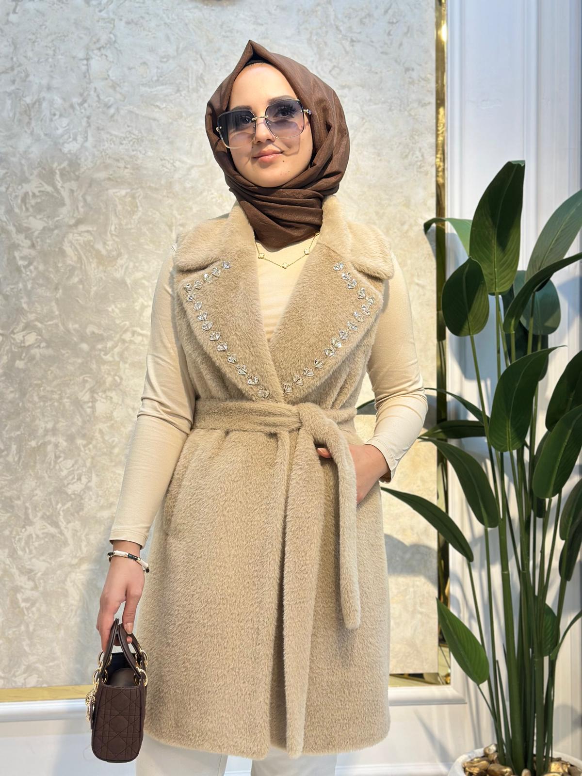 Taş Det.Angora Yelek-Tac 9077 - Bej