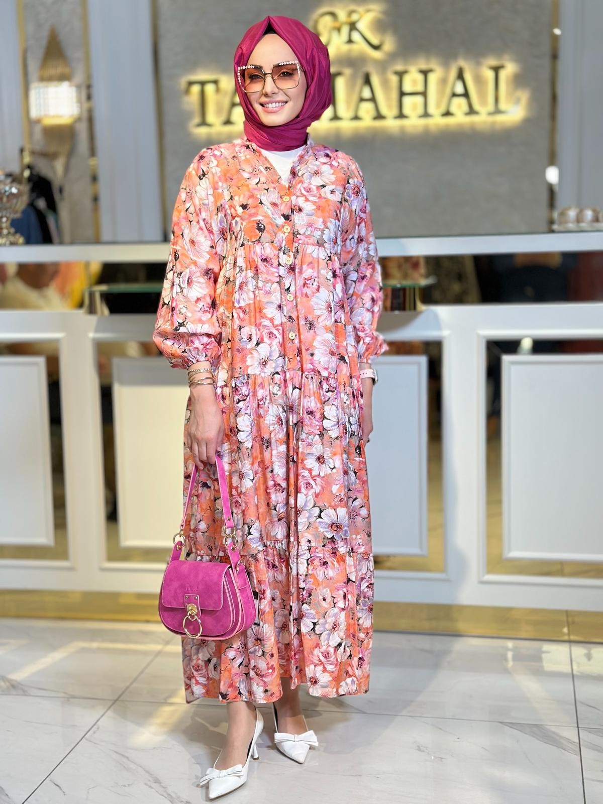 Çiçekli Elbise-Tac 31339 - Pembe