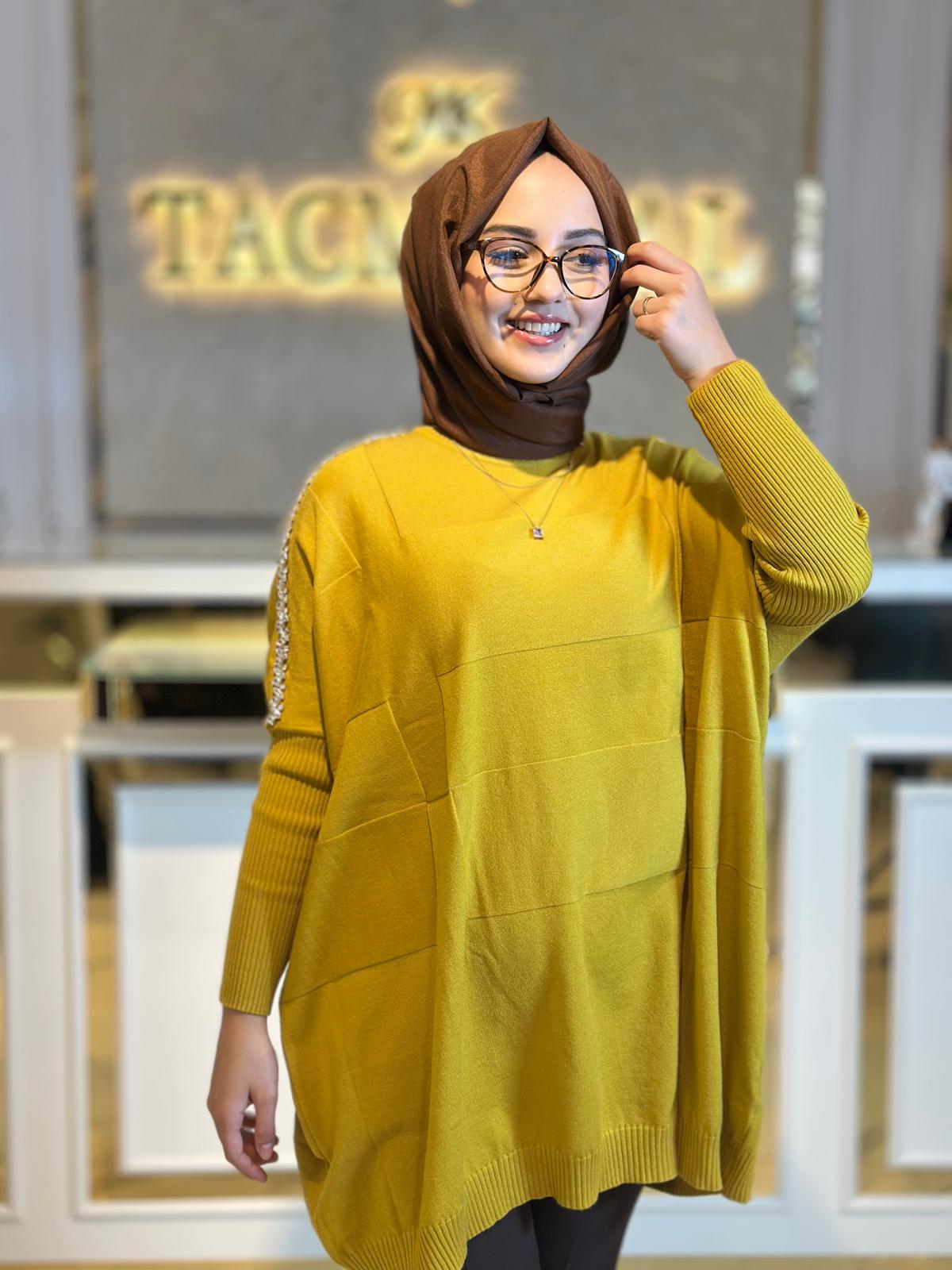 Taşlı Yarasa Kollu Triko Tunik-Tac 21737 - Sarı