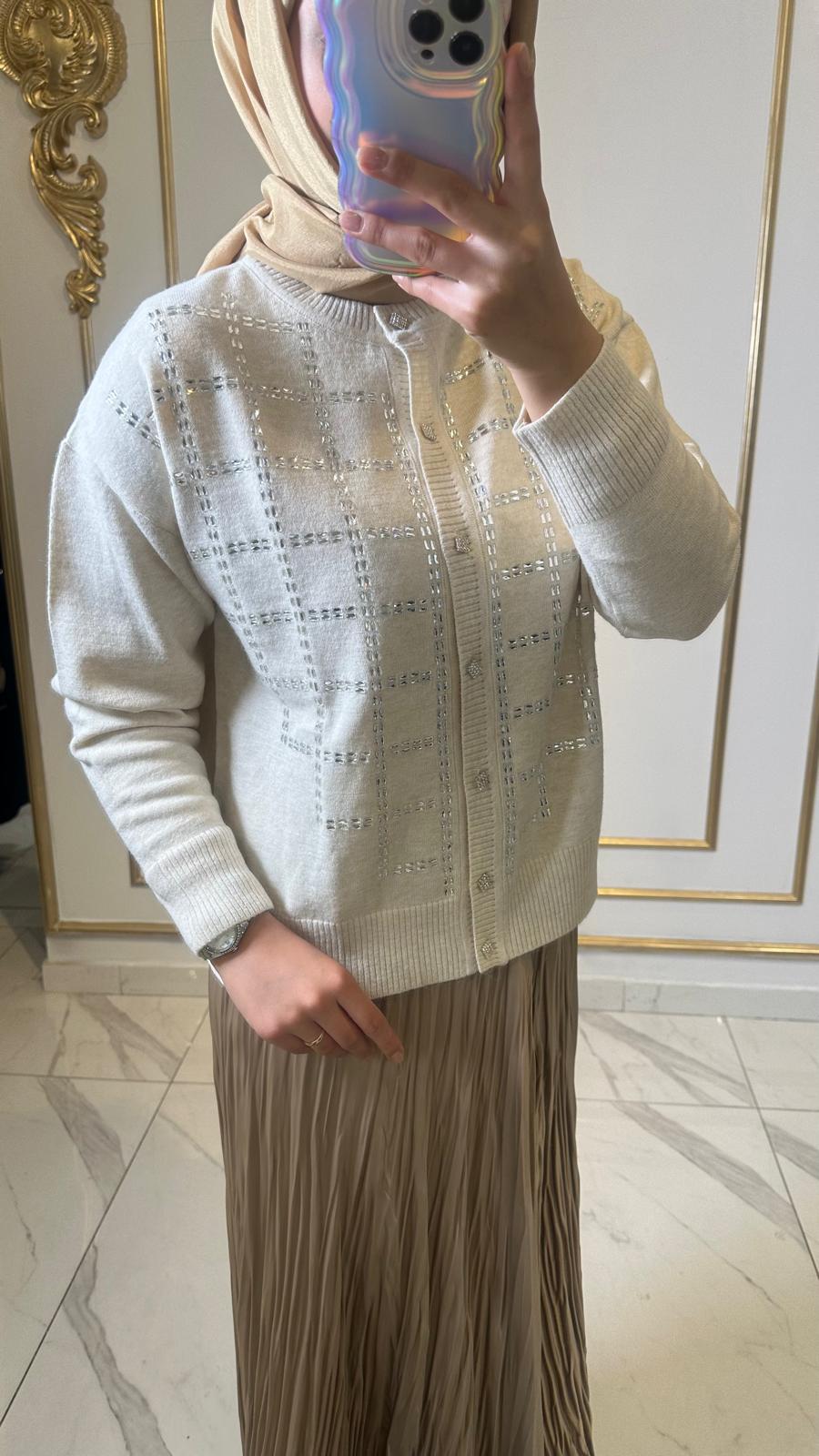 Önü Taşlı Hırka-Tac 6103 - Ekru