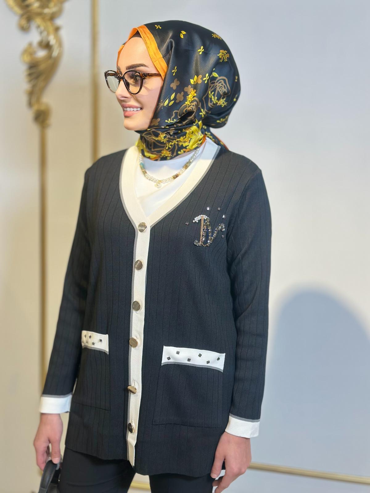 Şerit Det.Düğmeli Hırka-Tac 17023 - SİYAH