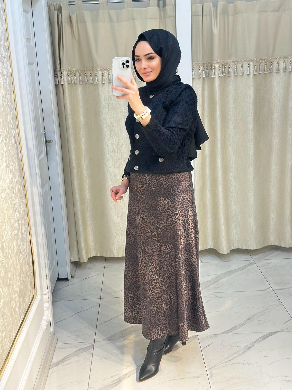 Leopar Saten Kiloş Etek-Tac 5451 - SİYAH