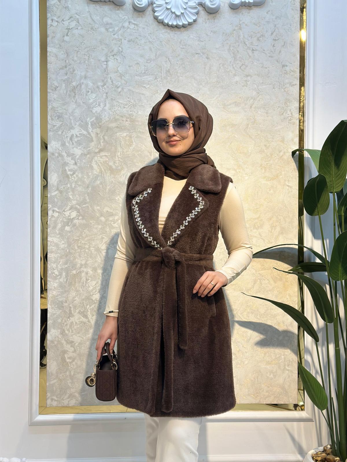 Taş Det.Angora Yelek-Tac 9077 - KAHVERENGİ