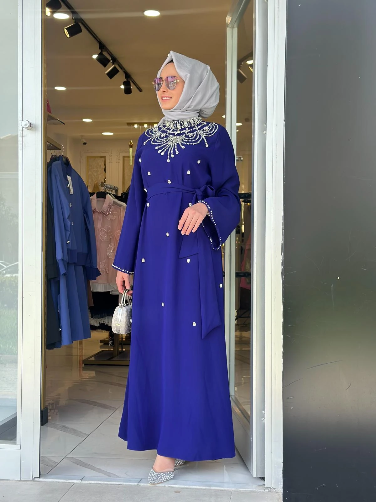 Yaka Taşlı Elbise-Tac 4246 - Mor