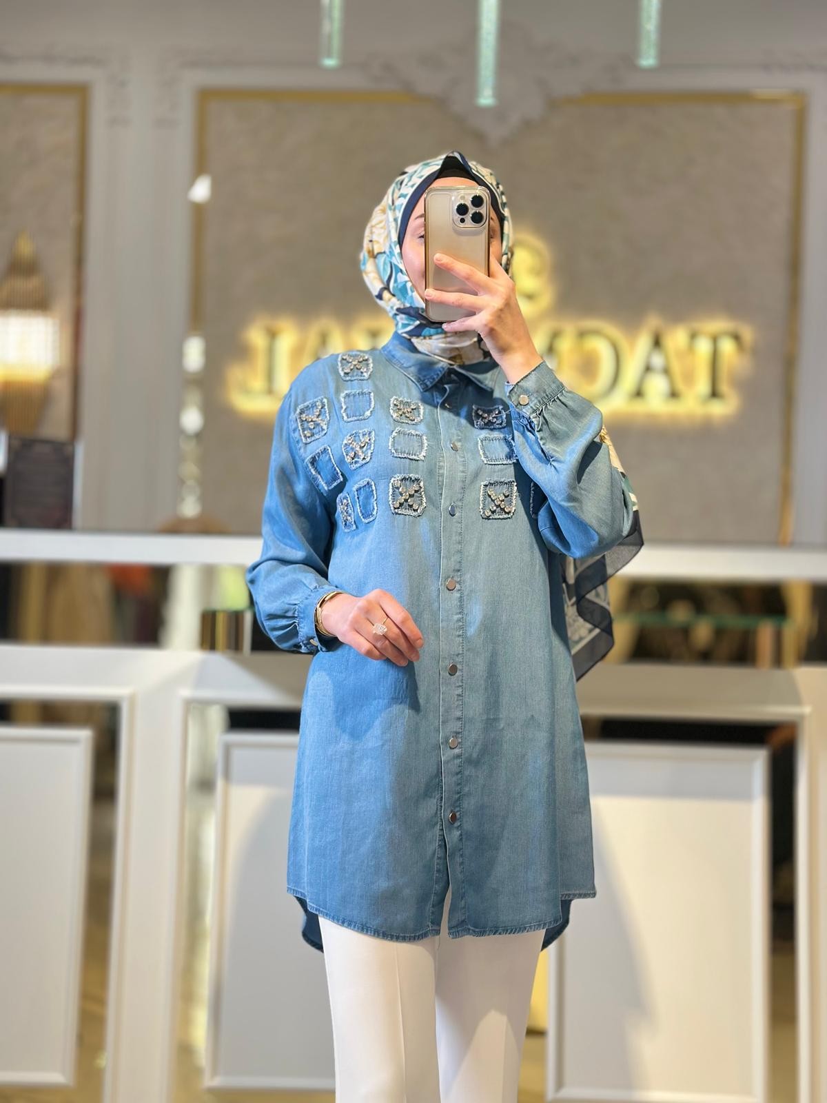 Taşlı Tencel Tunik-Tac 7250 - MAVİ
