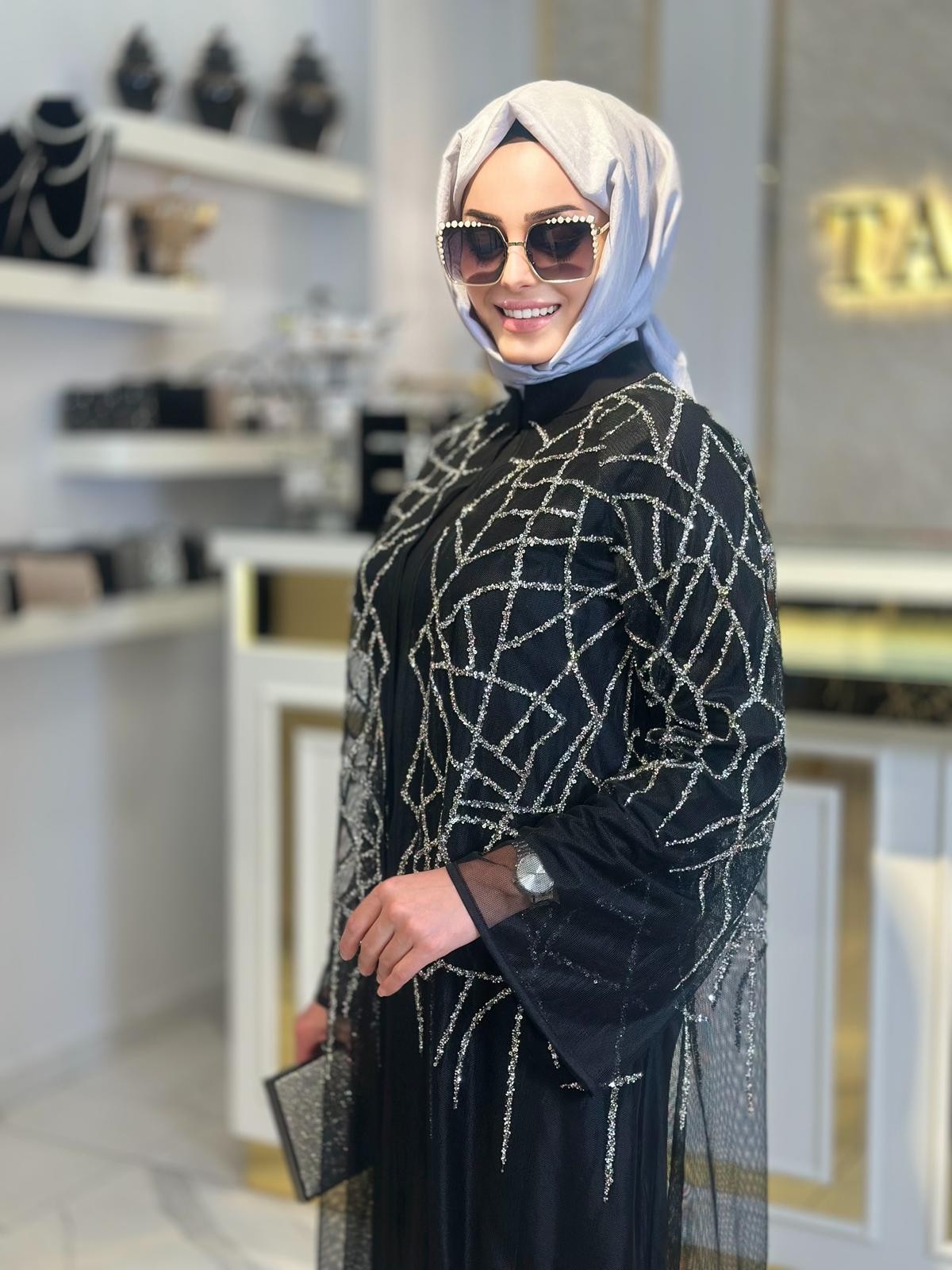 Taş Baskılı Tül Abaya-Tac 6227