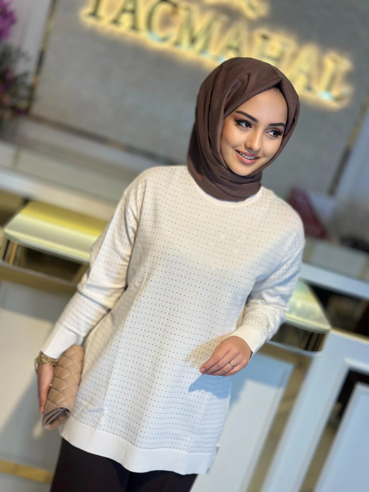 Taş Baskılı Rayon Tunik-Tac 21717 - Beyaz