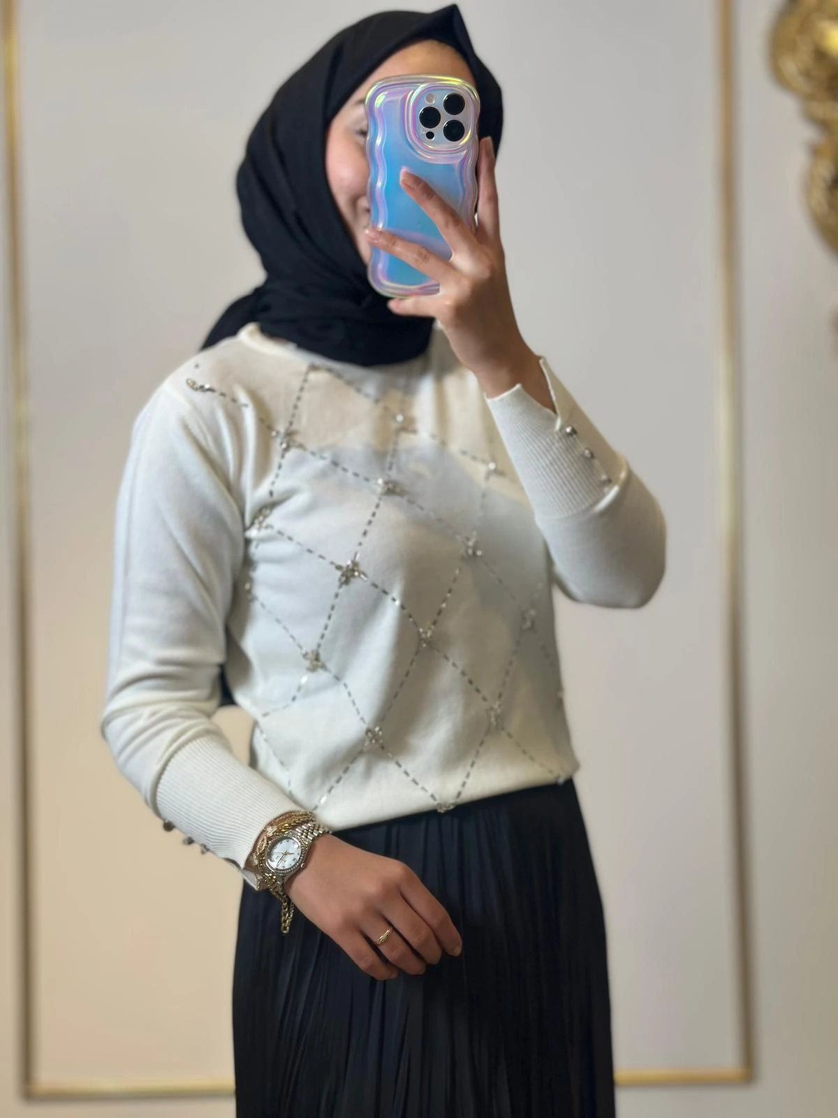 Kol Bilekleri Taş Det.Triko Kazak-Tac 17032 - Ekru