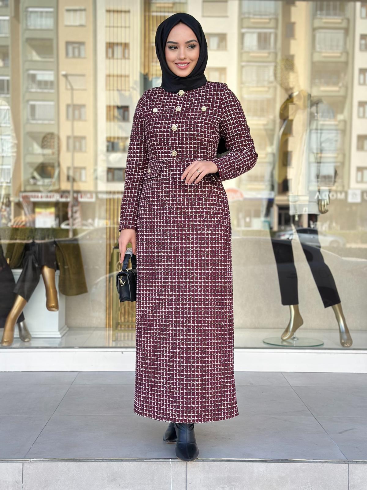 Kareli Tüvit Elbise-Tac 54001 - BORDO