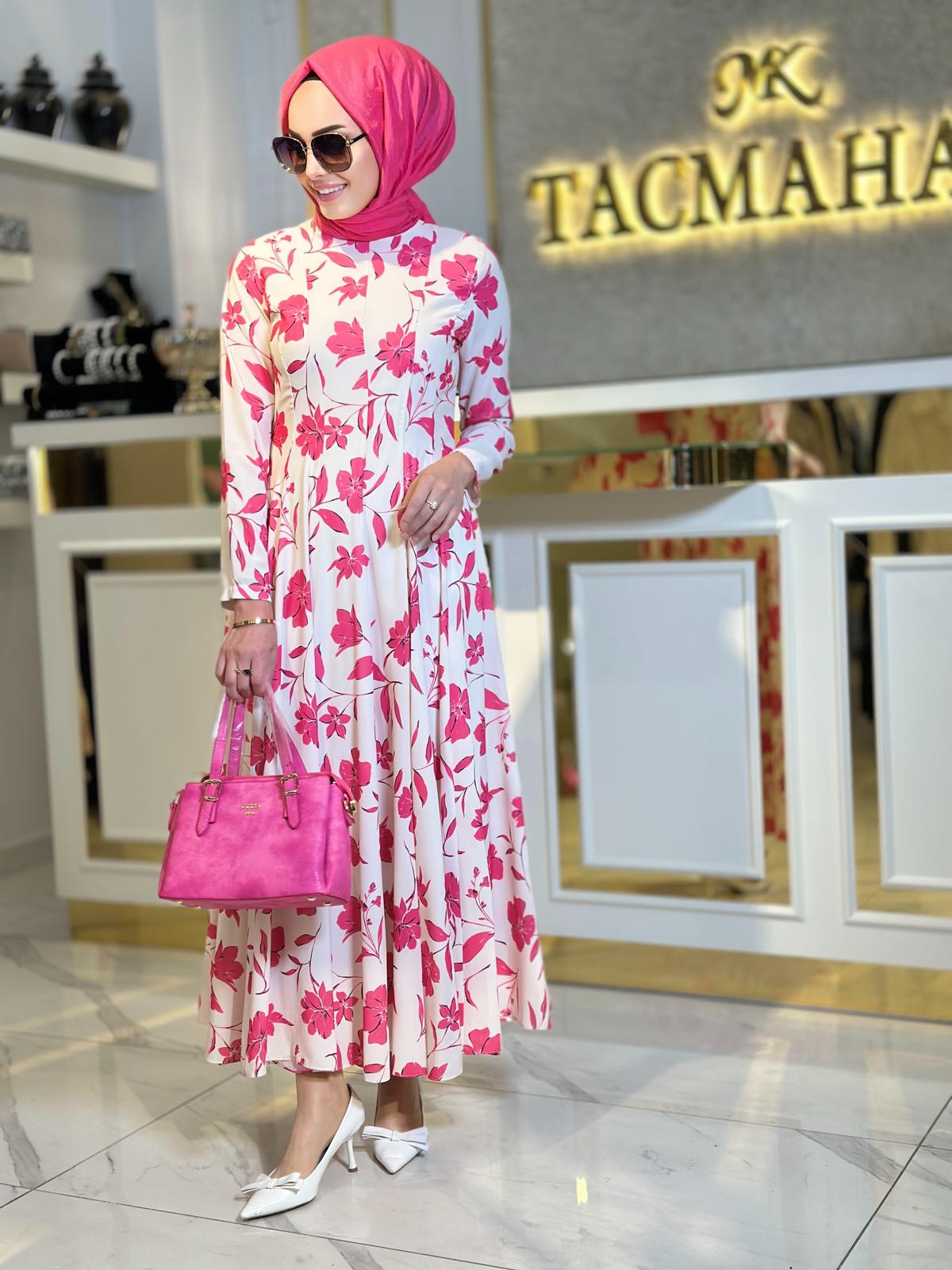 Çiçekli Elbise-Tac 7040 - Pembe