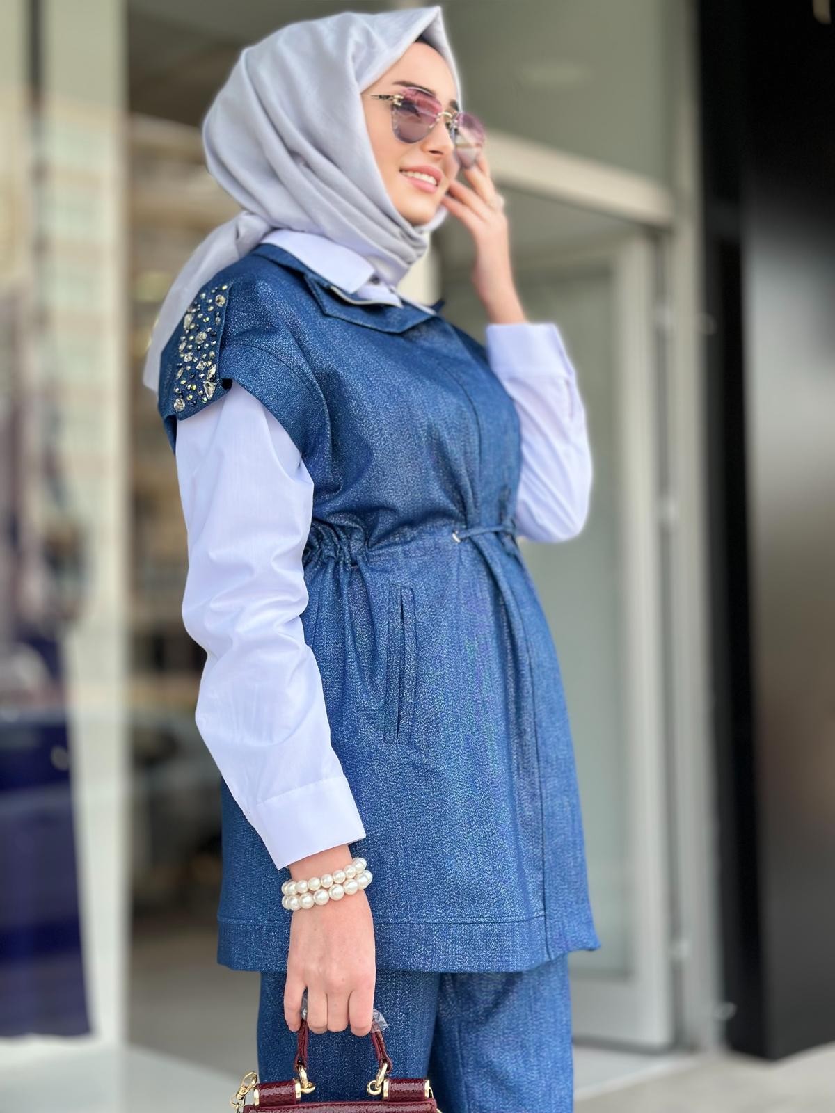 Simli Denim Yelekli Takım-Tac 3013