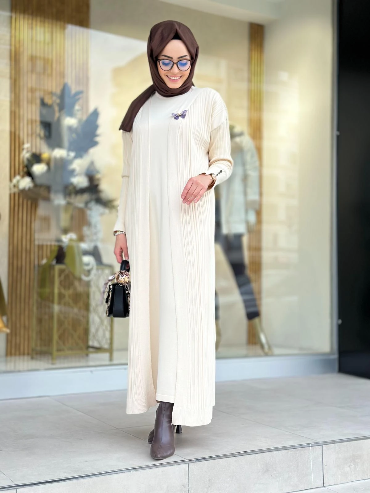 İkili Triko Elbise-Tac 6112 - Ekru