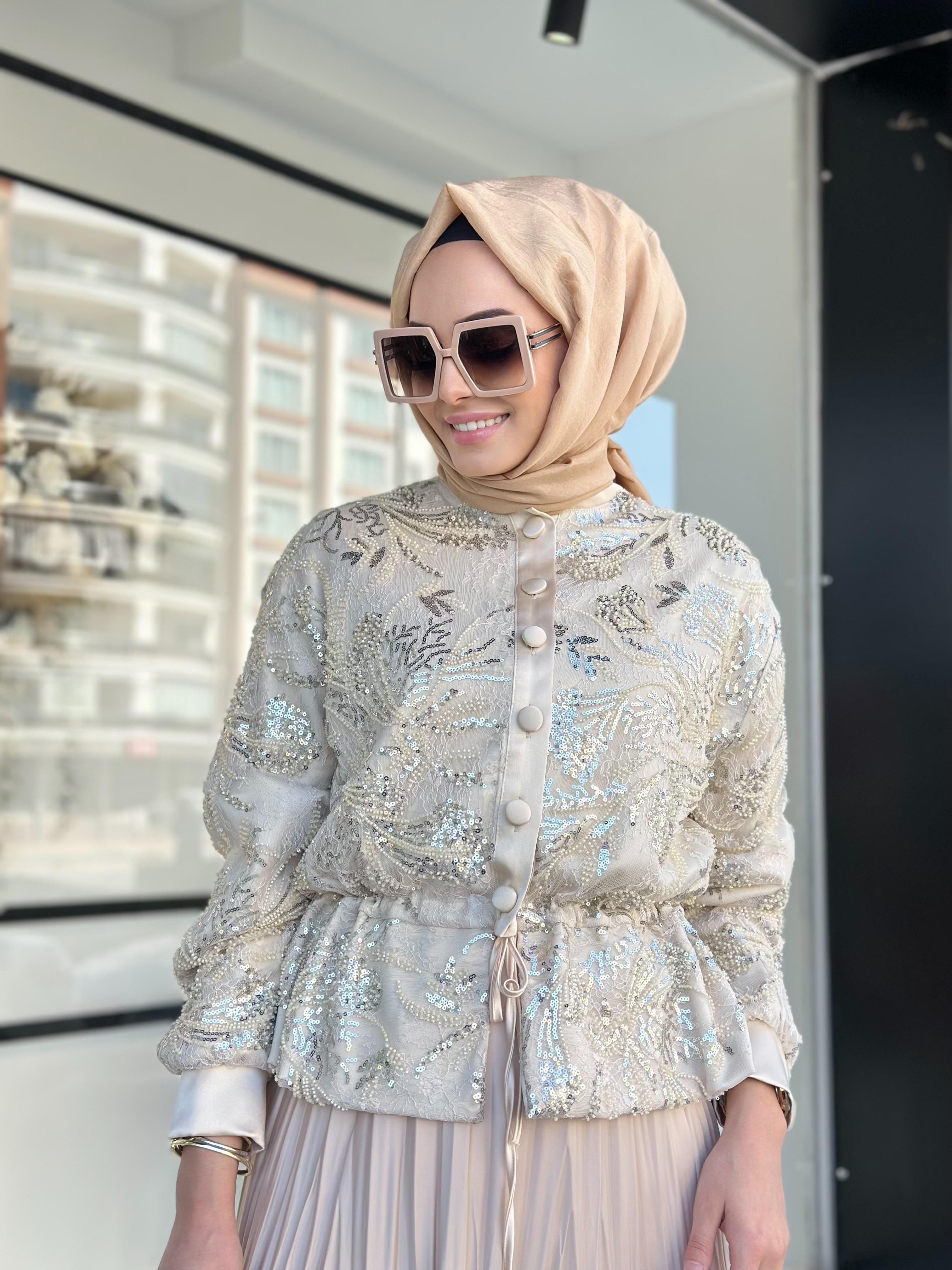 Tasarım Payet Ceket-Tac 540023 - Bej