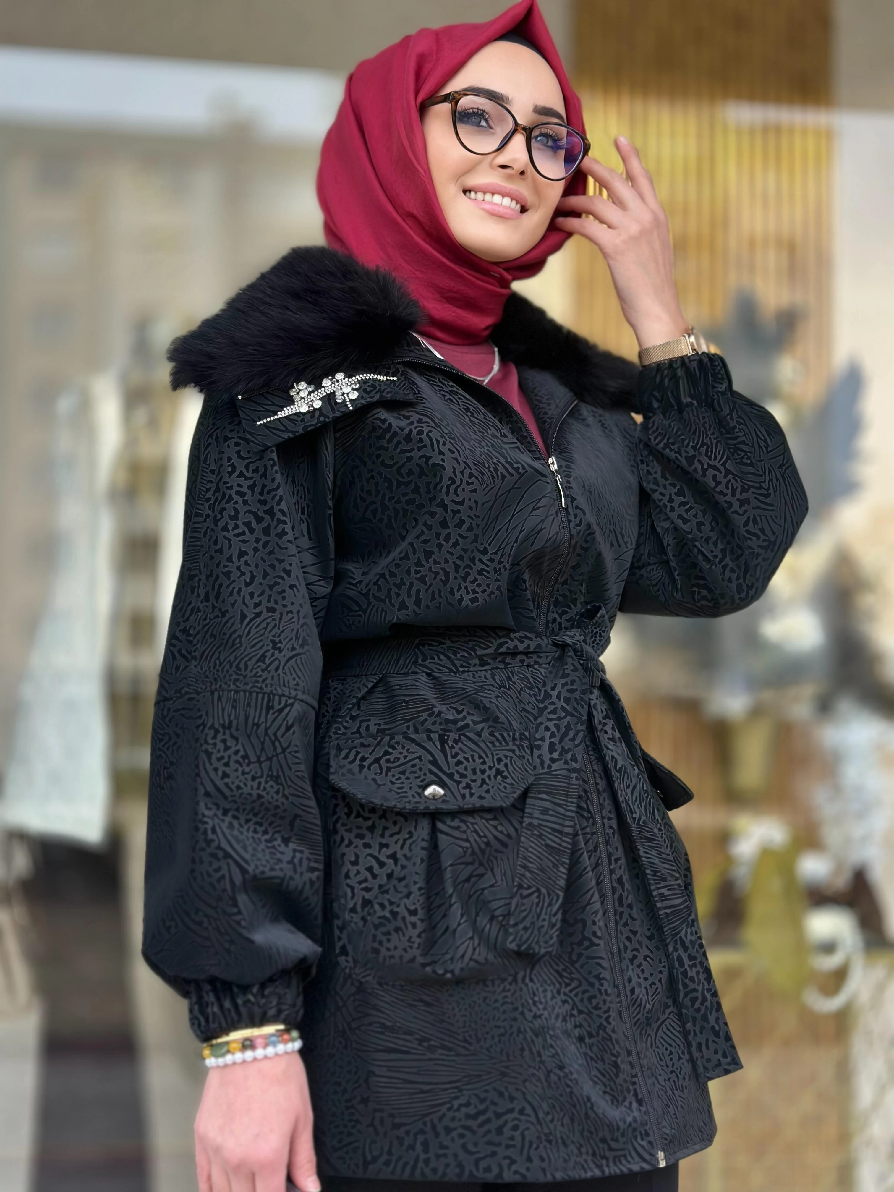 Yakası Kürklü Deri Kaban-Tac 7965