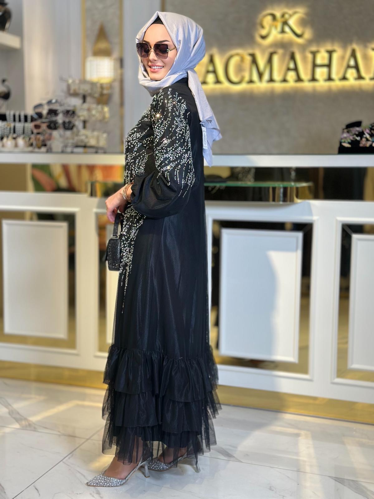 Taş Baskılı Fırfırlı Abiye-Tac 4215