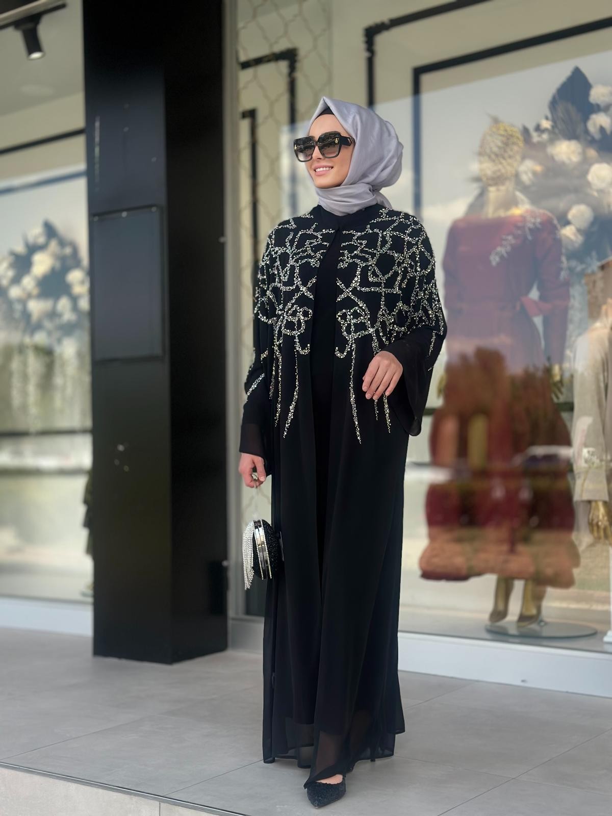Taş Baskılı Hakim Yaka Abaya-Tac 6161