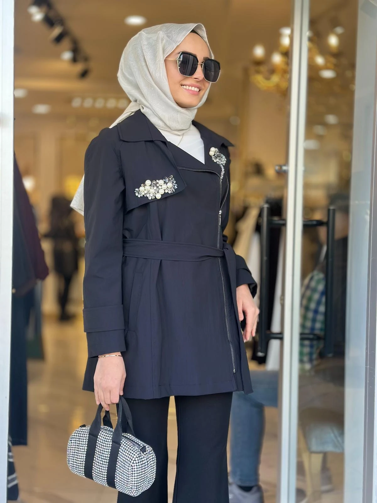 Yakası Taşlı Fermuarlı Trenç-Tac 7951 - SİYAH