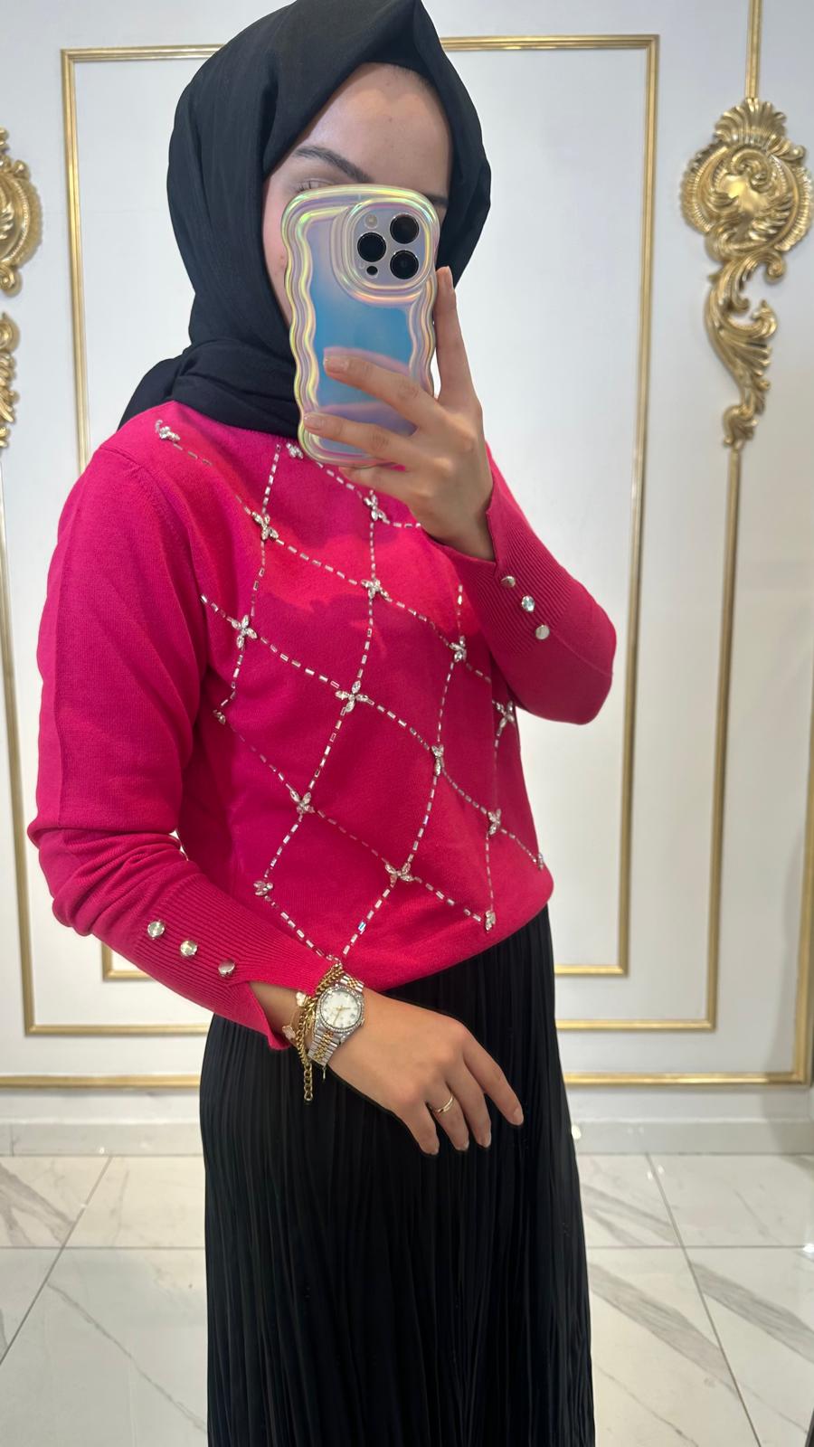 Kol Bilekleri Taş Det.Triko Kazak-Tac 17032 - Fuşya